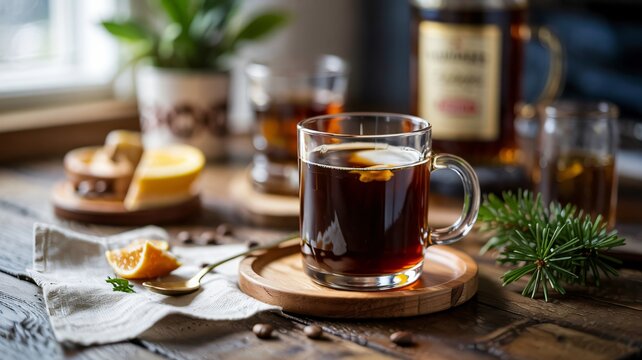 Freshly brewed Irish coffee in a glass mug on a rustic wooden table