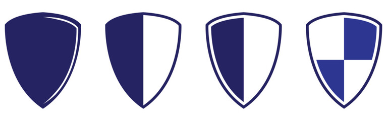 Blue vector isolated shield icons set. Privacy safety shield icons set on white background. Secure safety shield silhouette icons on white background. EPS 10. 