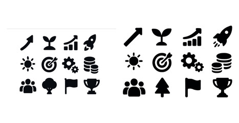Fototapeta premium Vector icons of growth and achievement: arrow, plant, rocket, coin, trophy, sun, gear, team