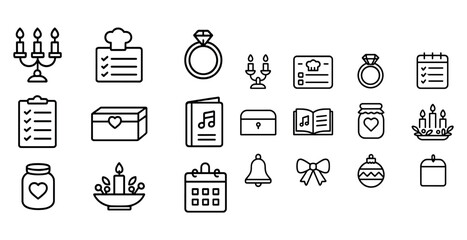 Outlined icons for weddings: rings, music, calendars, and decorations