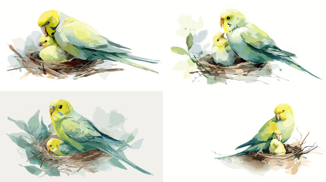 Soft watercolor illustration of parakeets resting in a nest with leafy accents. Gentle bird family artwork featuring pastel tones ideal for nature themes and decor.