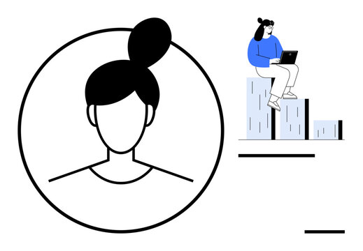 Female profile icon in bold outline and a woman working on a laptop seated on data bars. Ideal for business, technology, analytics, social media, teamwork, identity, education. Simple flat metaphor