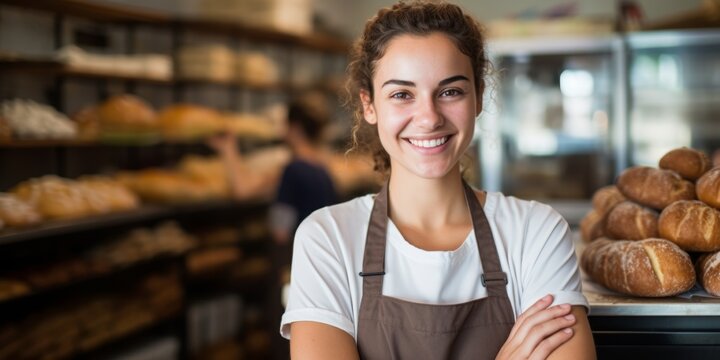 A young woman in uniform stands at the entrance to her bakery, in a welcoming pose. Generative AI.