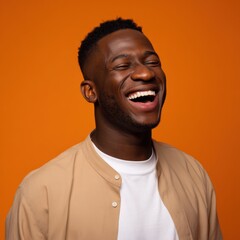 Obraz premium Joyful young african male laughing against orange background