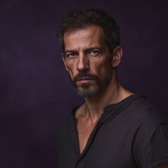 Fototapeta premium Mature caucasian male with beard in dark shirt against purple background