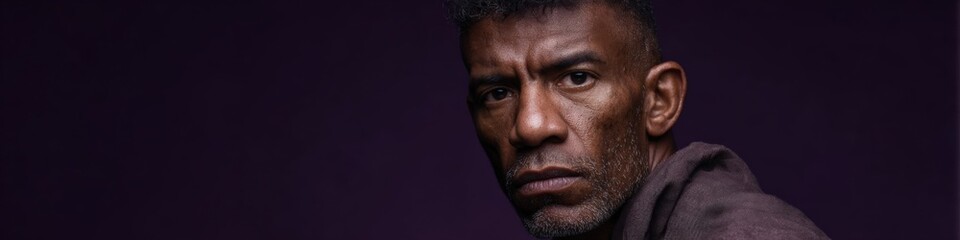 Obraz premium Mature african male in thoughtful pose against dark purple background