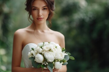 Naklejka premium Beautiful young caucasian female bride holding elegant white flower bouquet outdoors