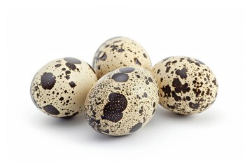 Obraz premium Group of quail eggs with distinctive speckled patterns rests together on solid white background, highlighted by soft lighting, conveying sense of nature and simplicity. Neural network AI generated