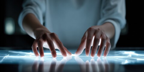 Hands interacting with futuristic touchscreen interface in dark environment
