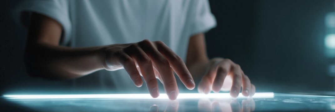 Close-up of hands interacting with futuristic touchscreen device in low light