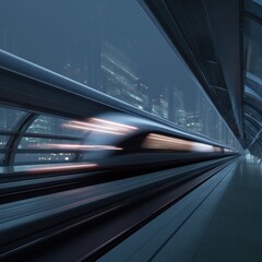 Futuristic high-speed train in modern cityscape at night with motion blur