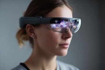 Caucasian young female using augmented reality glasses for interactive experience