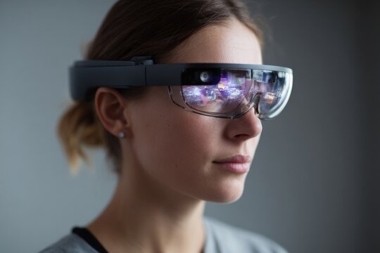 Caucasian young female using augmented reality glasses for interactive experience - Powered by Adobe