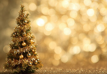 Christmas tree with gold ornaments against a bokeh background.