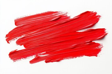 Bold red paint stroke on solid white background, showcasing vivid texture and brush detail. Bright lighting enhances contrast. Neural network AI generated