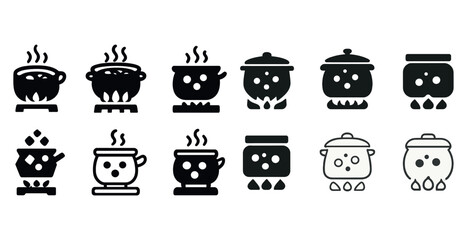 Set of twelve black and white iconic cooking pot illustrations