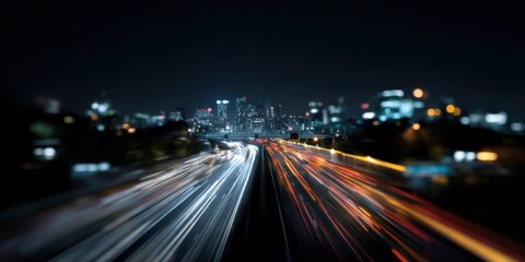 Dynamic cityscape at night with light trails from traffic