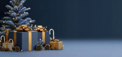 Elegant Christmas holiday banner with blue and gold wrapped gifts under a festive tree.