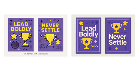 Inspirational posters with trophy and motivational quotes on purple background