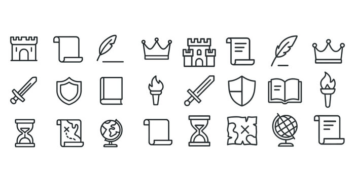 Medieval icon set with castles, crowns, and scrolls in line art style