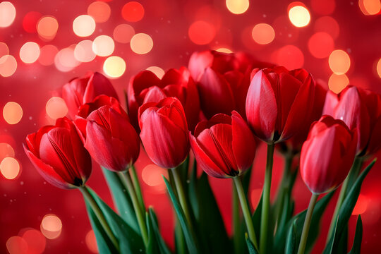 Red tulips bouquet against a sparkling bokeh background. Floral backdrop for Mother's Day, Valentine's Day, and 8 March.