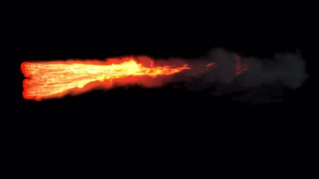 Powerful horizontal flamethrower burst on transparent background

realistic stream of bright flames and smoke shooting forward, rendered on transparent background with full alpha channel.
