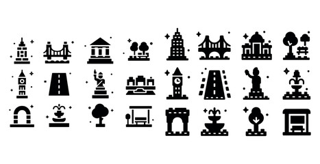 Icon set featuring bridges, landmarks, roads, and urban elements in black and white silhouettes