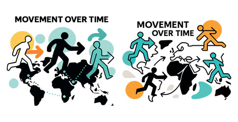 Illustrative depiction of human movement over time on world maps