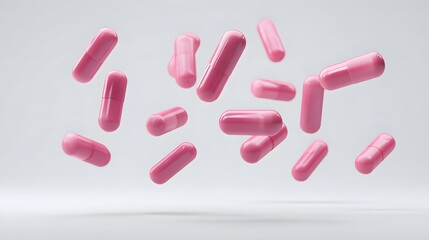 Pink medical capsules falling on a white background. pink pills falling on a white background with copy space. Pink pills flying in the air on white background. Pink pills falling on white background
