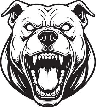 Aggressive snarling pit bull dog head vector illustration, powerful stylized black and white graphic design element for mascots, logos