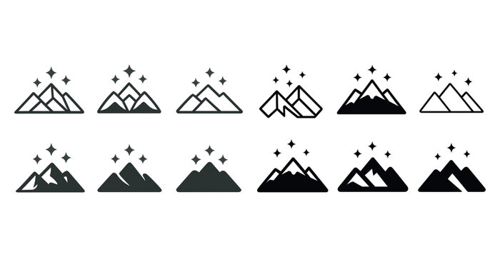 Set of twelve minimalist mountain icons with stars