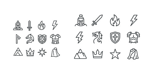 Medieval symbols: helmets, swords, shields, dragons, and more icons