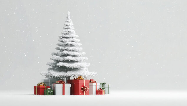 A snow-covered Christmas tree with wrapped presents, festive holiday season.