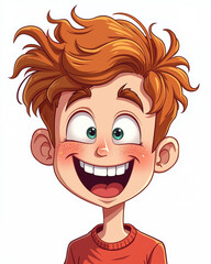 A cartoon boy with a vibrant red sweater and messy red hair, beaming with joy, his wide eyes shining with excitement, on a crisp white background.
