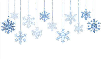 Snowflakes hanging from strings, winter holiday decoration, blue and white.