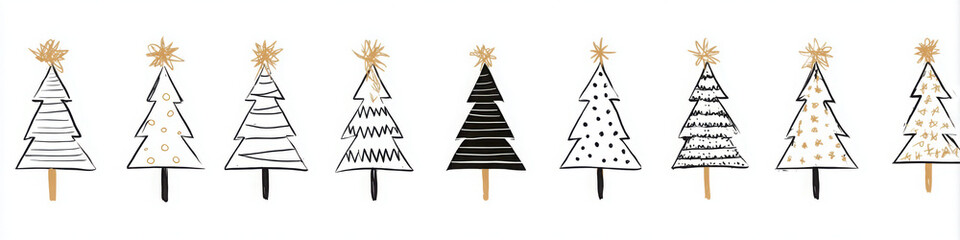 Obraz premium A row of nine hand-drawn, stylized Christmas trees in black, white, and gold with various patterns, isolated on a white background.