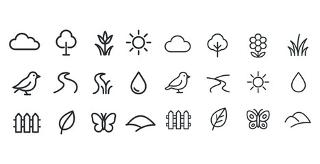 Naklejka premium Minimalist nature icons set featuring trees, birds, and butterflies