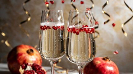 Elegant sparkling prosecco wine flutes with pomegranate seeds and streamers
