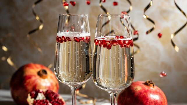 Elegant sparkling prosecco wine flutes with pomegranate seeds and streamers - Powered by Adobe