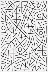 Abstract black and white geometric pattern with random lines circles and triangles creating a chaotic yet organized visual design