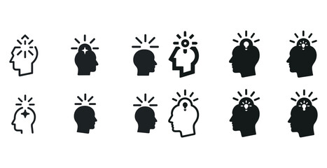 Set of abstract brainstorming icons with light bulbs and human heads