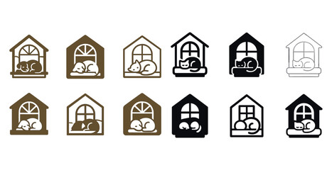 Variety of cat house icons featuring sleeping cats in simple silhouettes