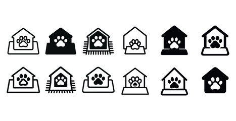 Collection of pet house icons featuring paw prints in various styles