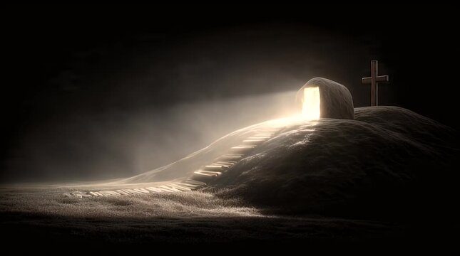 Empty Manger and Cross with Glowing Resurrection Tomb Light