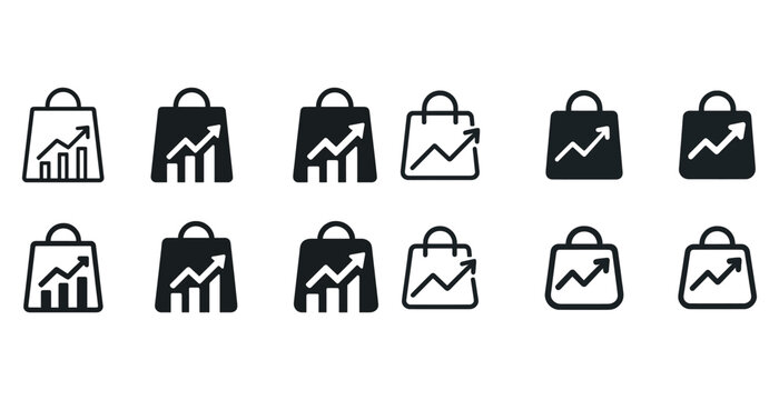 Set of increasing shopping bag icons with growth chart design
