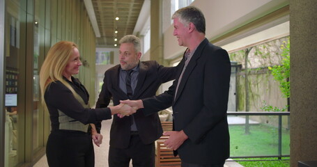 Business manager presenting team members in modern office hallway, colleagues meeting and shaking...