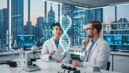 Scientists collaborating on futuristic dna and genetic research - Powered by Adobe