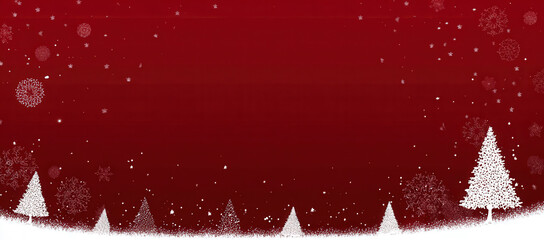 Festive Christmas background with snow, snowflakes, and stylized white trees on a red backdrop.