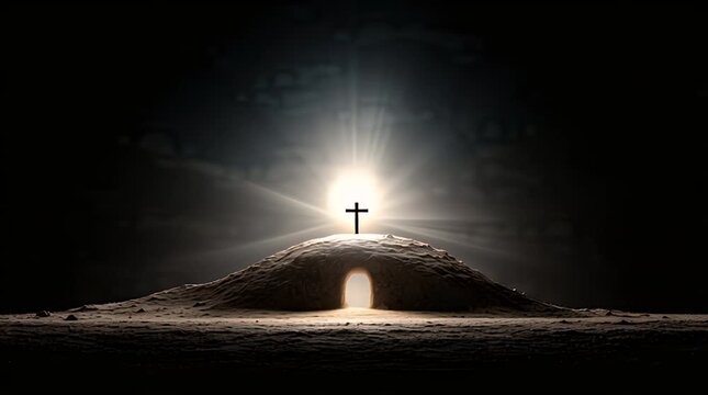 Glowing Resurrection Tomb with Cross and Empty Manger on Hill