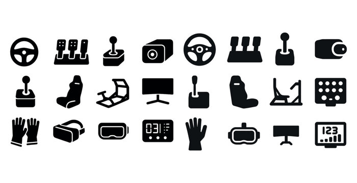 Black silhouette icons of racing simulators and accessories collection